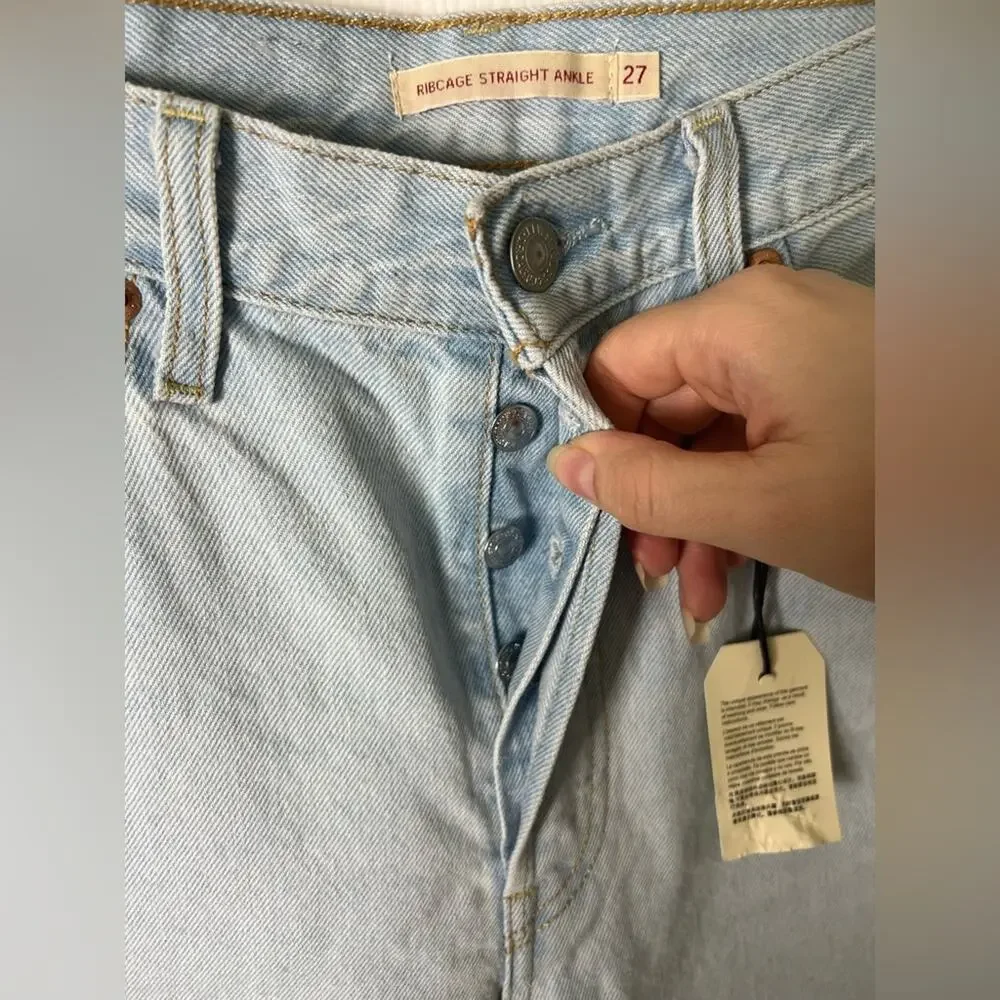 Levi’s Ribcage High Rise Distressed Straight Ankle Blue Jeans Ojai Shore 27